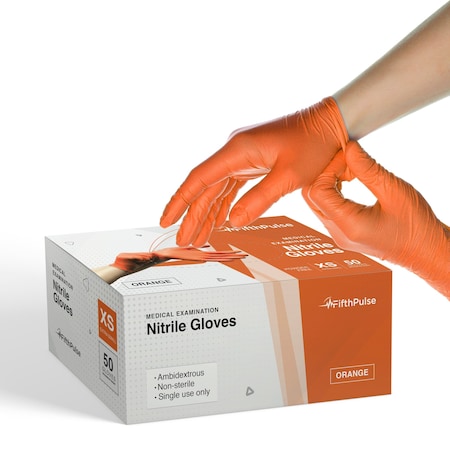 Fifthpulse FMN100, Nitrile Disposable Gloves, 3 mil Palm, Nitrile, Powder-Free, XS, 50 PK, Orange FP-N-50-XS-ORG